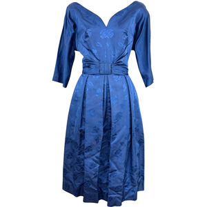 R&K Originals Pleated 50s Vintage V-Neck Midi Dress Floral Union Tag Blue sz 6